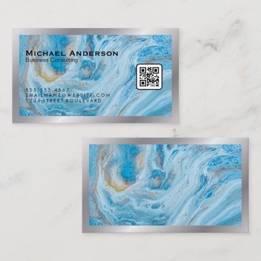 Blauer Marmor | QR Code Business Card Visitenkarte (Vorne/Hinten)
