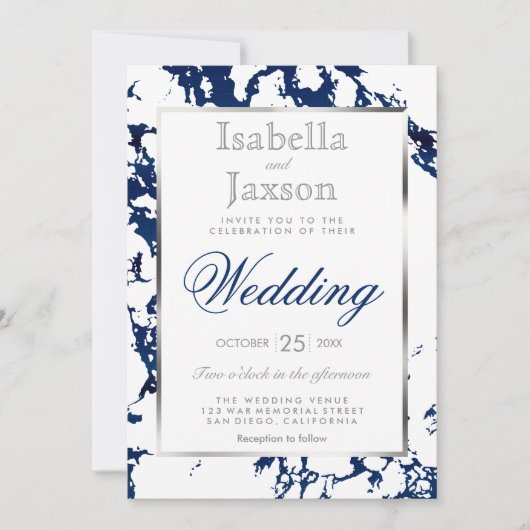 Blauer Marmor, Silber & Weiß Einladung (Vorderseite)