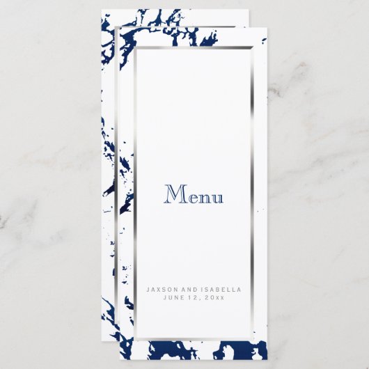 Blauer Marmor, Silber & Weiß - Menü nach Maß Menükarte (Vorne/Hinten)