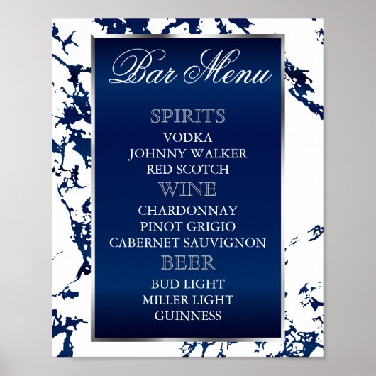 Blauer Marmor, Silver & White - Bar Menu Poster (Vorne)