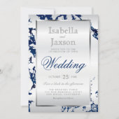Blauer Marmor, Silver & White Satin Einladung (Vorderseite)