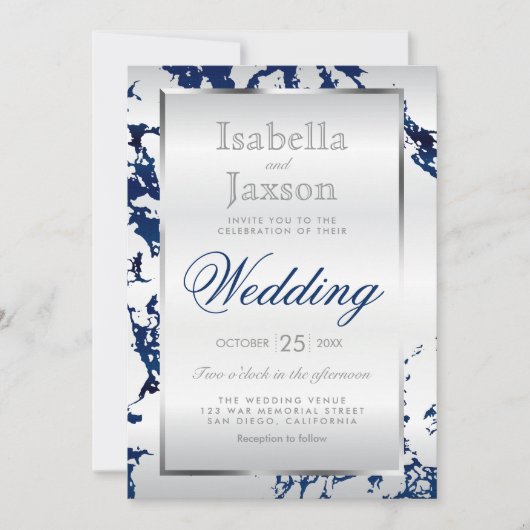 Blauer Marmor, Silver & White Satin Einladung (Vorderseite)