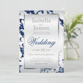 Blauer Marmor, Silver & White Satin Einladung (Stehend Vorderseite)