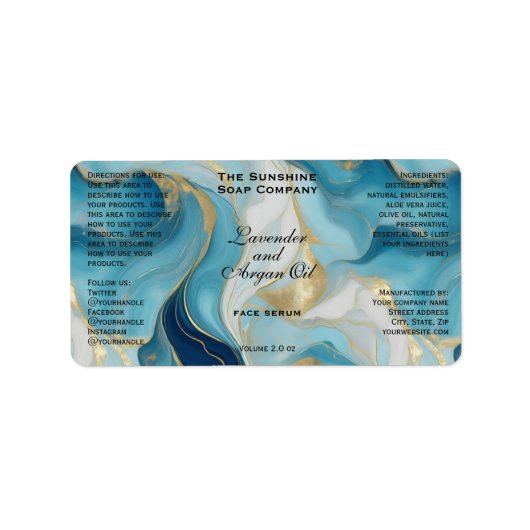 Blauer Marmor und Gold Kosmetik Dropper Flasche Adressaufkleber (Vorne)