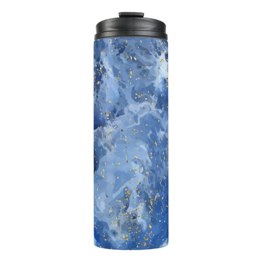 Blauer Marmor und goldene Textur Thermosbecher (Vorderseite)