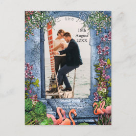 Blauer Marmor und rosa Flamingos Ankündigungspostkarte