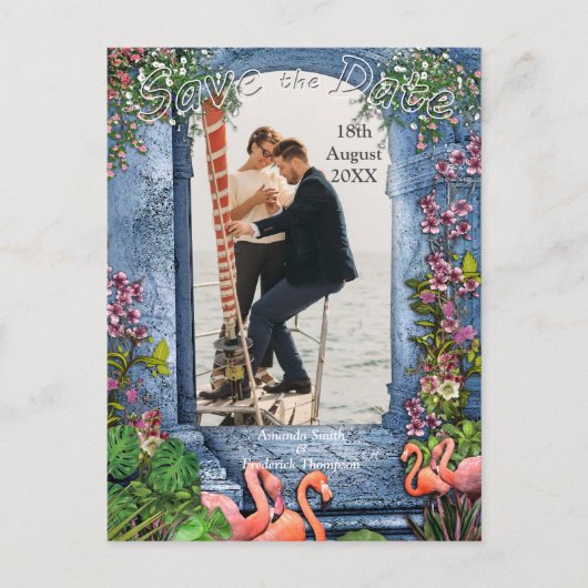 Blauer Marmor und rosa Flamingos Ankündigungspostkarte (Vorderseite)