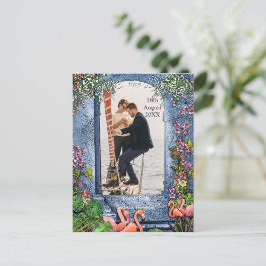 Blauer Marmor und rosa Flamingos Ankündigungspostkarte (Stehend Vorderseite)