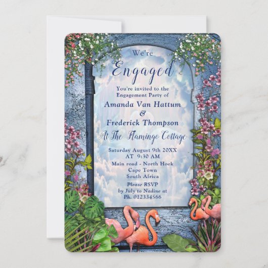 Blauer Marmor und rosa Flamingos Einladung (Vorderseite)