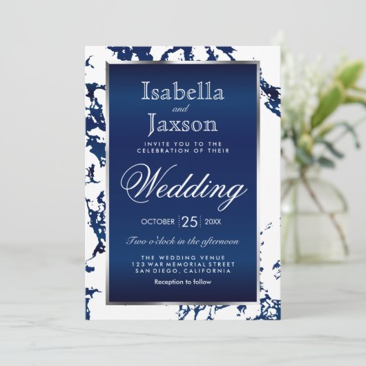 Blauer Marmor, Weiß und Silber Einladung (Stehend Vorderseite)