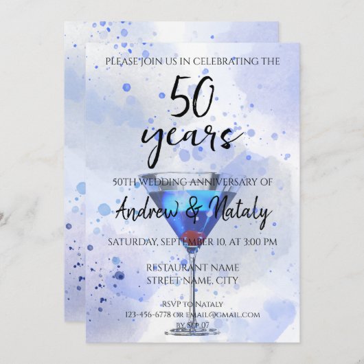 Blauer Martini-Cocktail in Weiß Einladung (Vorne/Hinten)