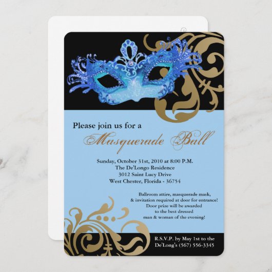 Blauer Masquerade Maskenball Halloween Einladung (Vorne/Hinten)