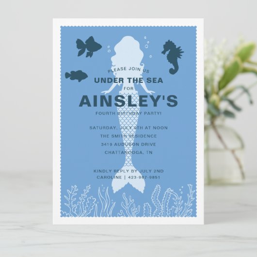 Blauer Meerjungfrau Geburtstag Einladung (Stehend Vorderseite)