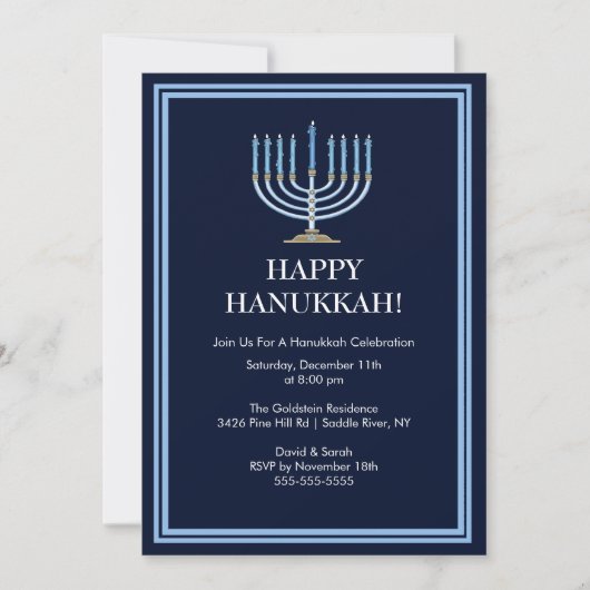 Blauer Menorah Hanukkah Feier Einladung (Vorderseite)