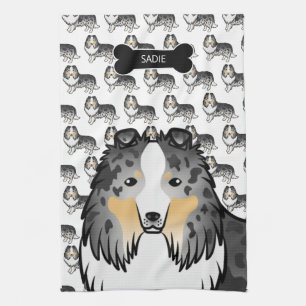 Blauer Merle Cartoon Sheltie mit Dog Bone und Name Geschirrtuch