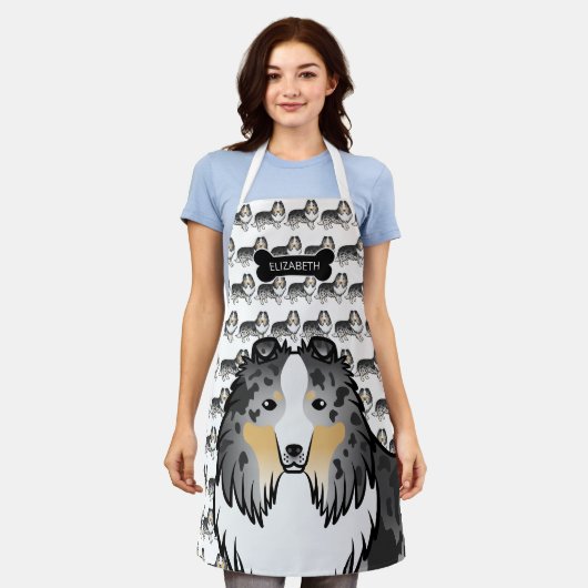 Blauer Merle Cartoon Sheltie mit Dog Bone und Name Schürze (Getragen)