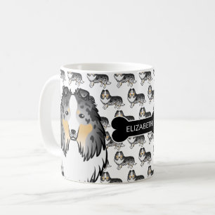 Blauer Merle-Cartoon-Sheltie mit Hundeknochen und Kaffeetasse