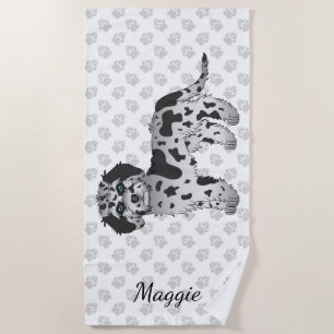 Blauer Merle Mini Goldendoodle Cartoon-Hund & Name Strandtuch