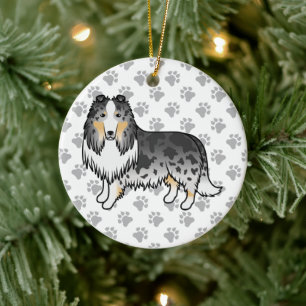 Blauer Merle Rough Collie Süßer Cartoon-Hund & Pfo Keramik Ornament