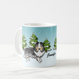 Blauer Merle Sheltie Cartoon-Hund im Winter & Name Kaffeetasse