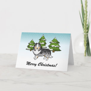 Blauer Merle Sheltie Cartoon Hund im Winter & Text Karte