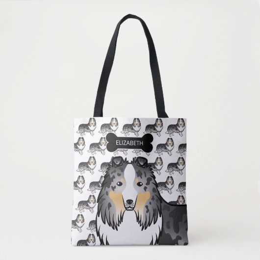 Blauer Merle Shetland Schafhund und Knochen & Name Tasche (Vorderseite)
