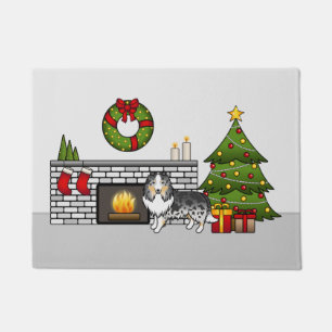 Blauer Merle Shetland Sheepdog in einem Weihnachts Fußmatte