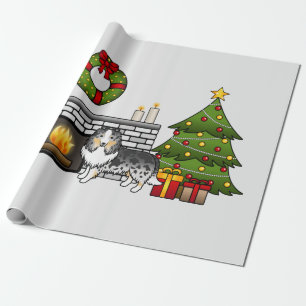 Blauer Merle Shetland Sheepdog in einem Weihnachts Geschenkpapier