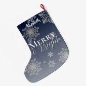 Blauer Merry und helle Schneeflocken Großer Weihnachtsstrumpf (Rückseite (Hängend))