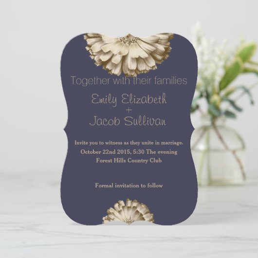 Blauer Minimal mit Gold Daisy Inspiriert Hochzeit Save The Date (Stehend Vorderseite)