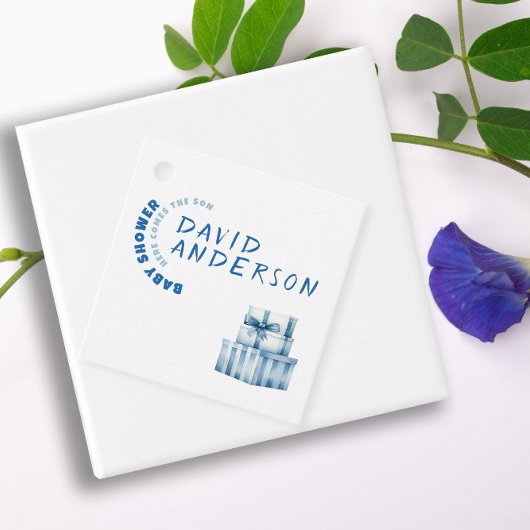 Blauer, minimalistischer Baby-Duschjunge Geschenkanhänger