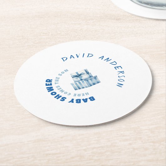 Blauer, minimalistischer Baby-Duschjunge Runder Pappuntersetzer (Angewinkelt)