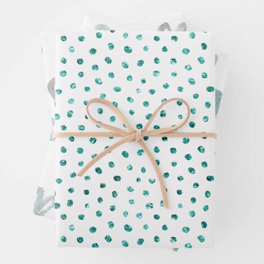 Blauer Minze Glitzer Punkte Silberherz Geschenkpapier Set (Beispiel)