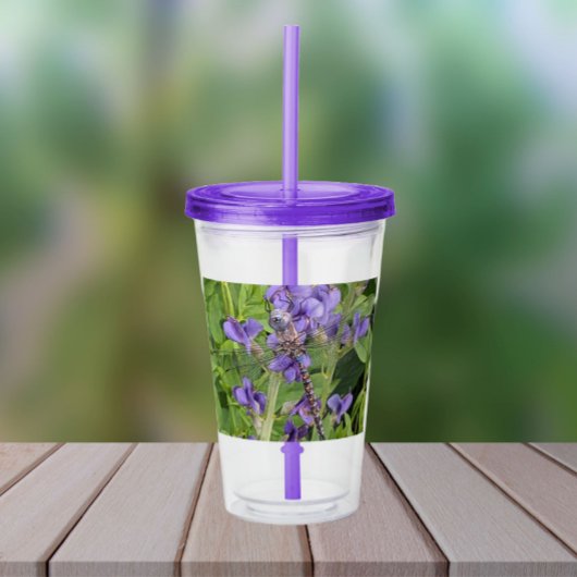 Blauer Mit Augen Darner Dragonfly auf Purple Flowe Acryltrinkbecher