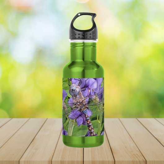 Blauer Mit Augen Darner Dragonfly auf Purple Flowe Edelstahlflasche