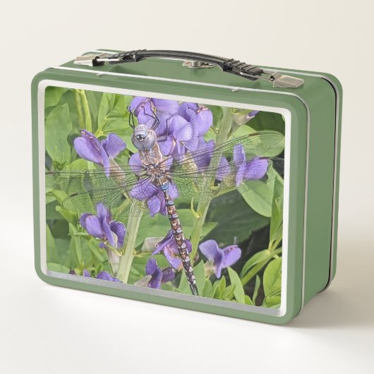 Blauer Mit Augen Darner Dragonfly auf Purple Flowe Metall Brotdose (Rückseite)