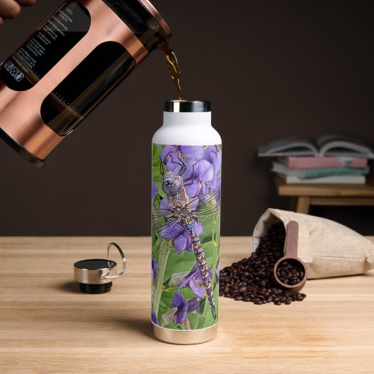 Blauer Mit Augen Darner Dragonfly auf Purple Flowe Trinkflasche (Kaffee)