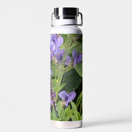 Blauer Mit Augen Darner Dragonfly auf Purple Flowe Trinkflasche (Rückseite)