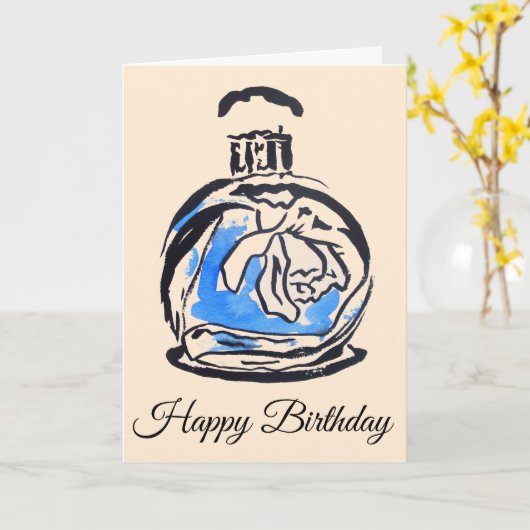 Blauer Modegeburtstag Parfümflasche Karte (Gelbe Blume)