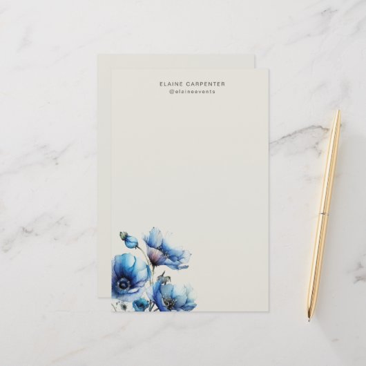 Blauer Mohn-Blumen-Monogramm-Schreibpapier Briefpapier (Vorderseite/Rückseite Beispiel)