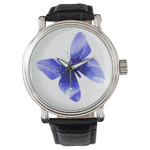 Blauer Mohnschmetterling, großes Leder Armbanduhr