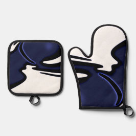 Blauer Mond: Abstrakt Blau, Weiß und Schwarz Ofenhandschuh & Topflappen-Set