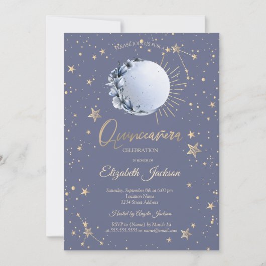 Blauer Mond, Stars Blume Pastel Quinceanera Einladung (Vorderseite)