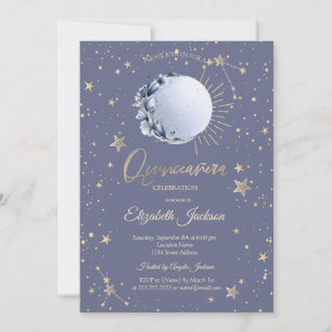 Blauer Mond, Sterne Blumen Pastell Quinceanera Einladung