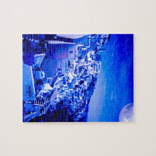 Blauer Mond über Fira Santorini Puzzle (Horizontal)
