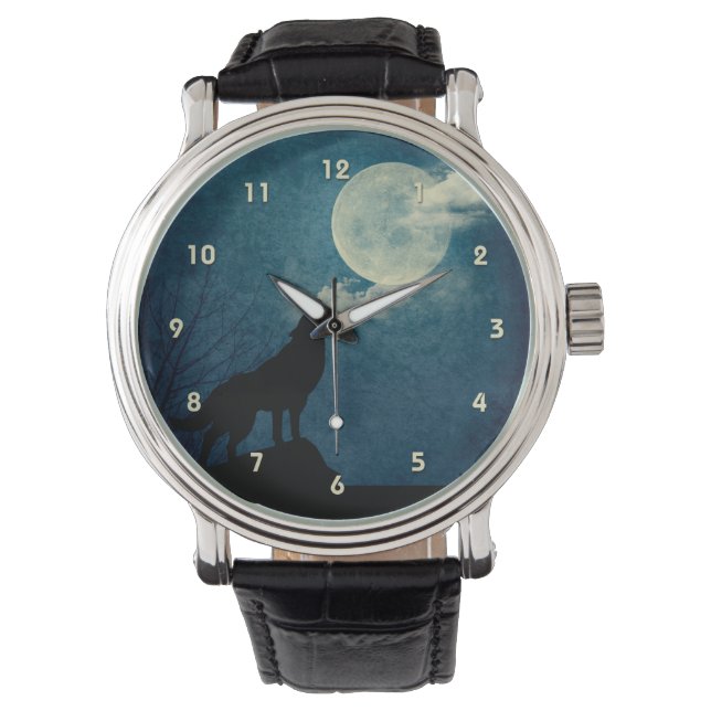 Blauer Mond, Vollmond-Howling Wolf, benutzerdefini Armbanduhr (Vorderseite)
