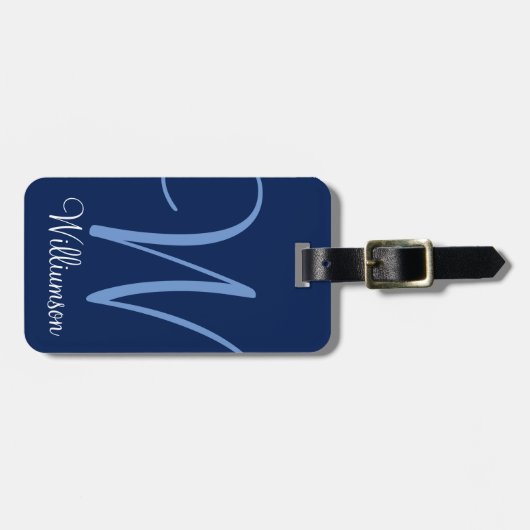 Blauer Monogramm-Initialen-Skript-Gepäckanhänger Gepäckanhänger (Vorderseite horizontal)