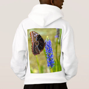 Blauer Morpho-Schmetterling auf einem marschfarben Hoodie