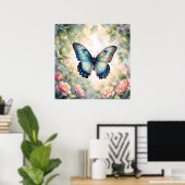 Blauer Morpho-Schmetterling Floral Botanisch Aquar Poster (Heimbüro)