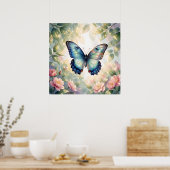 Blauer Morpho-Schmetterling Floral Botanisch Aquar Poster (Küche)